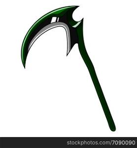 Cartoon Green Weapon Scythe isolated on white background. Game Design Equipment. Tool of Death. Vector Illustration for Your Design, Game, Card, Web.
