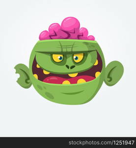 Cartoon green zombie with pink brains outside of the head. Halloween character. Vector illustration