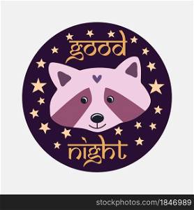 Cartoon greeting card with happy raccoon and good night text. Slumber party invitation card. Cartoon greeting card with happy raccoon and good night text. Slumber party invitation card.