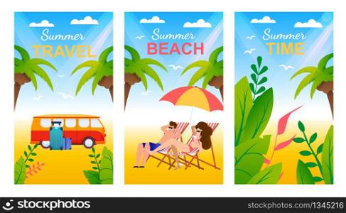 Cartoon Greeting Cards Set with Tropical Beach. Lettering Advertising Summer Travel, Sunbathing on Seaside and Spend Time Outdoors. Vector Flat Illustration with Resting People, Jungle, Bus and Bags. Summer Greeting Cards Set with Tropical Beach