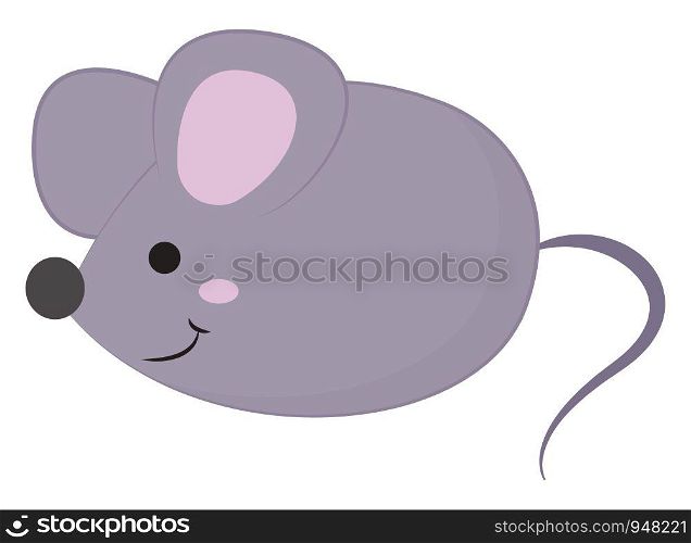 Cartoon grey mouse has a pointed snout, large pink ears, and a long tail, has a closed smile turning up to the cheek over white background looks cute, vector, color drawing or illustration.