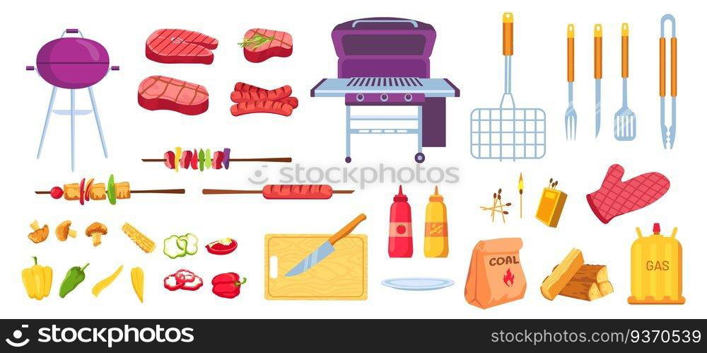 Cartoon grill and barbecue. Grilled food meat, sausages and vegetables. Cooking tools, grid, knife and skewer. Bbq picnic party vector set. Equipment for grilling, kitchen appliances. Cartoon grill and barbecue. Grilled food meat, sausages and vegetables. Cooking tools, grid, knife and skewer. Bbq picnic party vector set