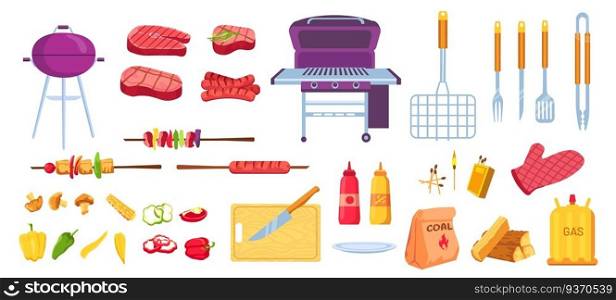 Cartoon grill and barbecue. Grilled food meat, sausages and vegetables. Cooking tools, grid, knife and skewer. Bbq picnic party vector set. Equipment for grilling, kitchen appliances. Cartoon grill and barbecue. Grilled food meat, sausages and vegetables. Cooking tools, grid, knife and skewer. Bbq picnic party vector set