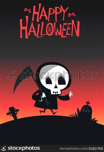 Cartoon grim reaper. Death skeleton illustration. Halloween layout design for poster or invitation