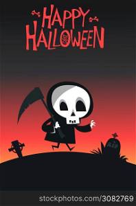 Cartoon grim reaper. Death skeleton illustration. Halloween layout design for poster or invitation