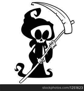 Cartoon grim reaper with scythe isolated on a white background. Halloween cute death character in black hood outline. Vector silhouette