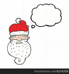 cartoon grim santa face with thought bubble
