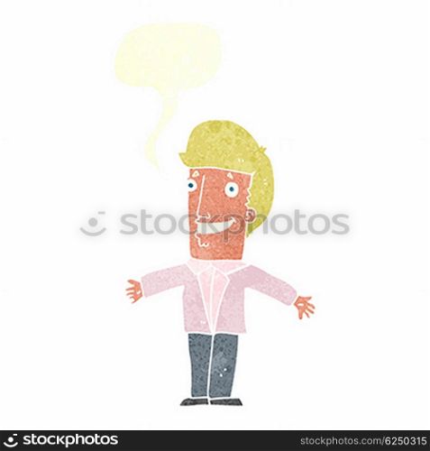 cartoon grining man with open arms with speech bubble