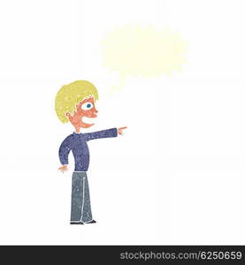 cartoon grinning boy pointing with speech bubble