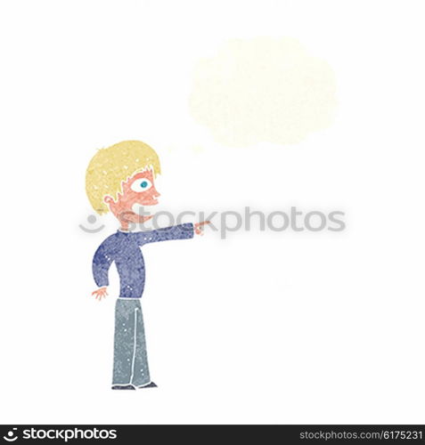 cartoon grinning boy pointing with thought bubble