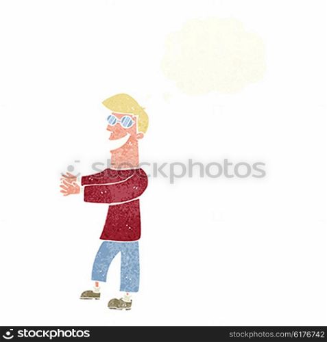 cartoon grinning man wearing glasses with thought bubble
