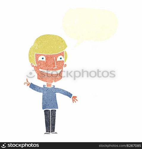 cartoon grinning man with idea with speech bubble