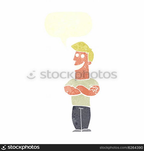 cartoon grinning man with speech bubble