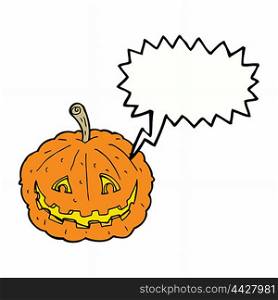 cartoon grinning pumpkin with speech bubble