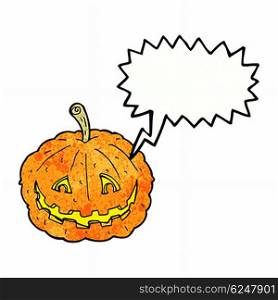 cartoon grinning pumpkin with speech bubble
