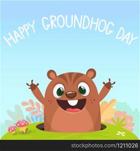 Cartoon groundhog looking out of a burrow in a meadow with green grass background. Happy groundhog day. Vector illustration