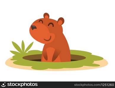 Cartoon groundhog looking out of his hole. Vector illustration isolated