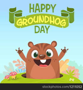 Cartoon groundhog marmot looking out of a burrow in a meadow with green grass background. Happy groundhog day. Vector illustration