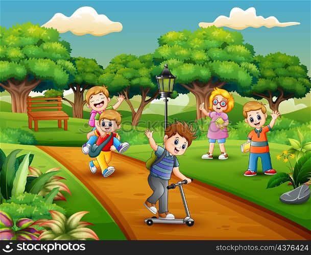 Cartoon group of children playing in the park