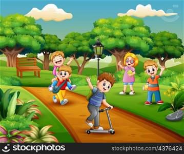 Cartoon group of children playing in the park