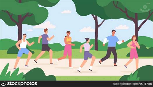 Cartoon group of people jogging in city park, race competition. Outdoor run exercise. Men and women athletes running marathon vector concept. Characters having active and healthy lifestyle. Cartoon group of people jogging in city park, race competition. Outdoor run exercise. Men and women athletes running marathon vector concept