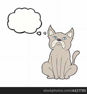cartoon grumpy little dog with thought bubble