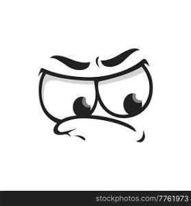 Cartoon grumpy vector face wrathy sad emoji with frowned eyebrows and protruding lip. Upset facial expression, ireful or rageful feelings isolated character. Cartoon grumpy face, wrathy sad ireful emoji