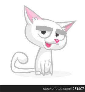 Cartoon grumpy white cat. Cute fat cartoon cat illustration with a grumpy expression
