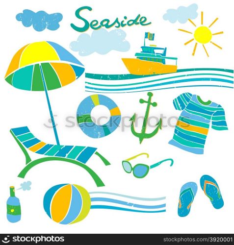 Cartoon grungy illustration of summer beach accesories isolated on white