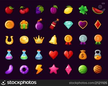 Cartoon gui game icon, mobile gaming app interface elements. Magic potions, heart, money bag, fruits, casino slot machine app icon vector set. Application isolated elements for entertainment. Cartoon gui game icon, mobile gaming app interface elements. Magic potions, heart, money bag, fruits, casino slot machine app icon vector set