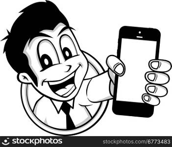 cartoon guy holding phone. cartoon guy holding phone character vector illustration