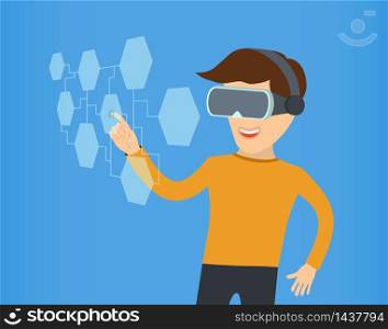Cartoon guy in virtual reality with glasses.. Cartoon guy in virtual reality with glasses. vector eps 10