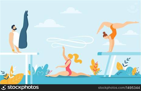 Cartoon Gymnasts Acrobats Male and Female Characters Training with Sport Equipment over Natural Backdrop. People in Sport Gymnastic Positions. Artistic and Rhythmic Exercising. Vector Illustration. Gymnasts Acrobats Training with Sport Equipment