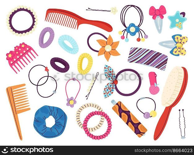 Cartoon hair clips. Stylist accessories, flat plastic hairdressing pin and clip. Equipment fashionable, fabric headband and hairpin decent vector collection of fashion tools for hairs illustration. Cartoon hair clips. Stylist accessories, flat plastic hairdressing pin and clip. Equipment fashionable, fabric headband and hairpin decent vector collection