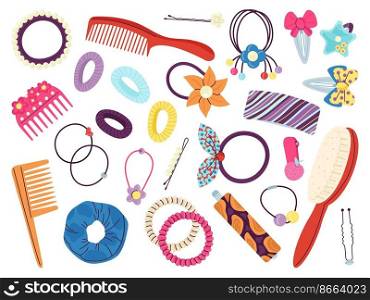 Cartoon hair clips. Stylist accessories, flat plastic hairdressing pin and clip. Equipment fashionable, fabric headband and hairpin decent vector collection of fashion tools for hairs illustration. Cartoon hair clips. Stylist accessories, flat plastic hairdressing pin and clip. Equipment fashionable, fabric headband and hairpin decent vector collection
