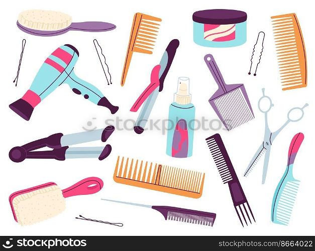 Cartoon hair tools. Hairdressing equipment and accessories, cutting and cosmetics professional elements. Grooming comb, barber decent vector elements. Illustration of beauty equipment tool. Cartoon hair tools. Hairdressing equipment and accessories, cutting and cosmetics professional elements. Grooming comb, barber decent vector elements