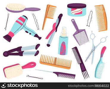 Cartoon hair tools. Hairdressing equipment and accessories, cutting and cosmetics professional elements. Grooming comb, barber decent vector elements. Illustration of beauty equipment tool. Cartoon hair tools. Hairdressing equipment and accessories, cutting and cosmetics professional elements. Grooming comb, barber decent vector elements