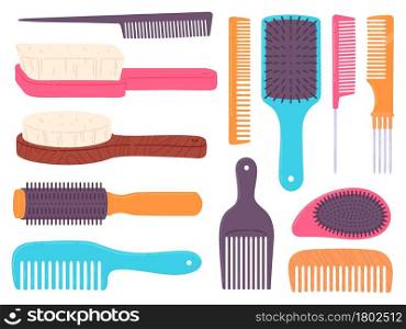 Cartoon hairbrushes and professional comb for hair styling. Curling and style brush. Hairdresser, stylist and beauty salon tools vector set. Illustration of hairbrush and comb, haircut and grooming. Cartoon hairbrushes and professional comb for hair styling. Curling and style brush. Hairdresser, stylist and beauty salon tools vector set