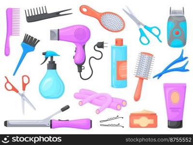 Cartoon hairdresser accessories. Professional tools for curling haircut barbershop, hair brush comb hairdryer razor scissors, beauty salon barber accessory, neat vector illustration. Hairdresser tools. Cartoon hairdresser accessories. Professional tools for curling haircut barbershop, hair brush comb hairdryer razor scissors, beauty salon barber accessory, neat vector illustration