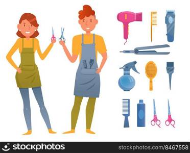 Cartoon hairdressers with accessories vector illustrations set. Characters in aprons with barbershop equipment  combs, scissors isolated on white background. Job or professions concept for kids