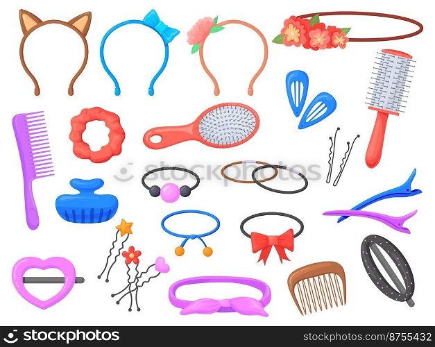 Cartoon hairpin accessories. Care hair pin accessory, elastic girl headband, female plastic comb, woman ribbon for head with flower bow, hairdressing set vector illustration. Woman pin for beauty. Cartoon hairpin accessories. Care hair pin accessory, elastic girl headband, female plastic comb, woman ribbon for head with flower bow, hairdressing set neat vector illustration