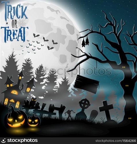 Cartoon halloween background with castle and pumpkin