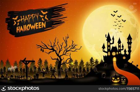 Cartoon halloween background with castle and pumpkin