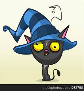 Cartoon Halloween black cat in witch hat. Vector illustration isolated