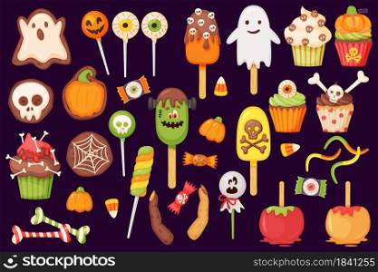 Cartoon halloween candies and sweets, lollipops and cupcakes. Caramel apple, pumpkin and ghost cookie. Autumn holiday sweet treats vector set. Funny horror monsters, eyeballs and fingers. Cartoon halloween candies and sweets, lollipops and cupcakes. Caramel apple, pumpkin and ghost cookie. Autumn holiday sweet treats vector set