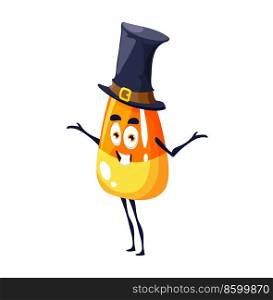 Cartoon Halloween candy corn in hat. Vector funny toffee character in festive headwear for kids trick or treat party. Isolated holiday pastry dessert personage, confectionery caramel with smiling face. Cartoon Halloween candy corn in hat. Vector toffee