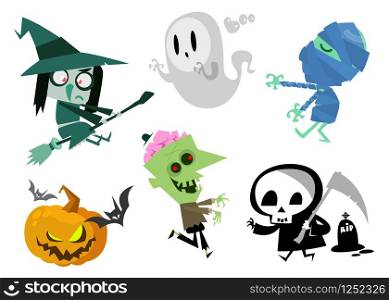 Cartoon Halloween characters set. Zombie, pumpkin head, mummy, bat, witch, ghost, grim reaper, death and cemetery