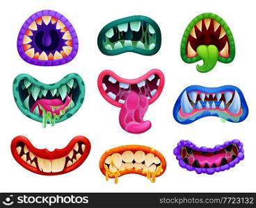 Cartoon Halloween danger monster jaws and mouth with teeth and tongues, vector mask icons. Halloween horror night beast werewolf and vampire monster jaws with scary sharp fangs and saliva tongues. Cartoon Halloween monster jaws mouth with teeth