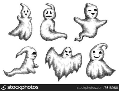 Cartoon halloween funny ghosts icons. Sketch vector characters of cute and scary spooks and bogeys with face expressions for decoration. Cartoon halloween funny ghots icons