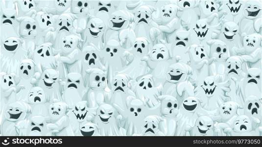 Cartoon Halloween ghosts panorama pattern. Evil and scary, spooky, smiling and cute cemetery ghosts or spirits monster characters,on vector backdrop, Halloween creepy background or pattern. Cartoon Halloween ghosts faces panorama pattern